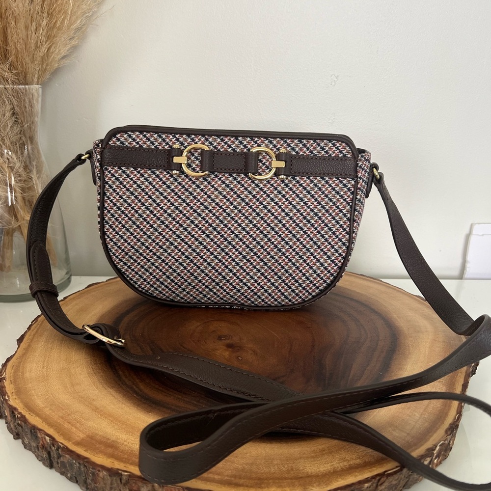 Talbots Elegant Brown Crossbody Bag houndstooth fabric L-10”W-3”H-7”